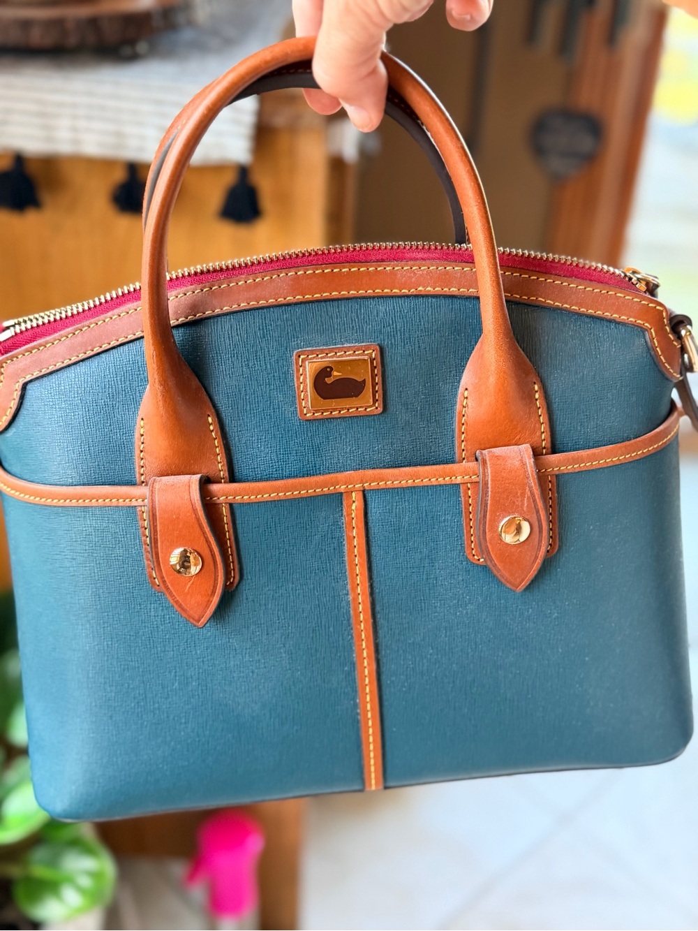 Dooney & Bourke Teal and Brown Saffiano Satchel with Pink Zip